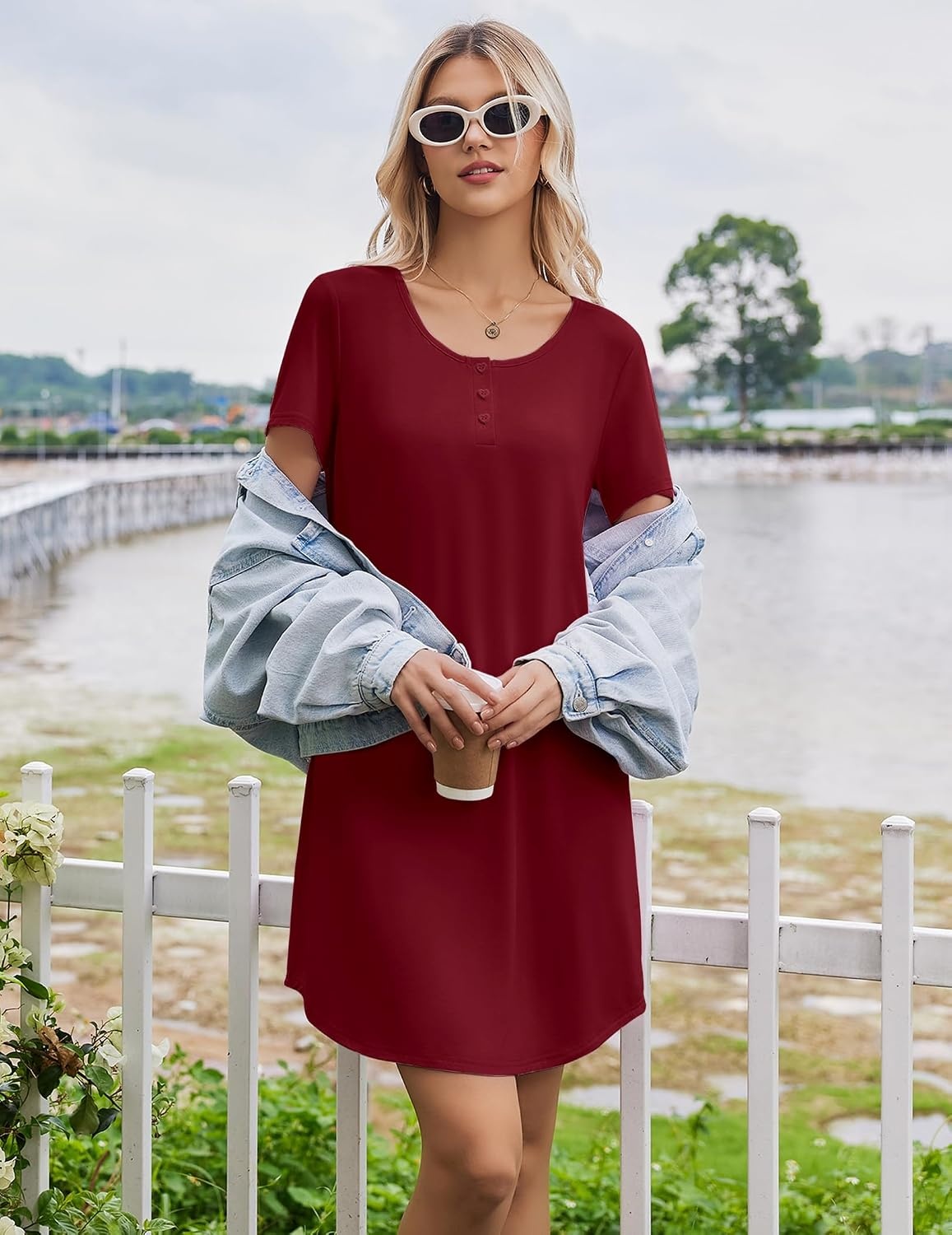 image:imageEkouaer Nightgowns for Women Bamboo Viscose Sleep Shirts T Shirt Night Gown Short Sleeve Nightshirt Cooling Pajama DressWine Red