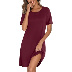 Ekouaer Nightgowns for Women Bamboo Viscose Sleep Shirts T Shirt Night Gown Short Sleeve Nightshirt Cooling Pajama Dress(Wine Red)