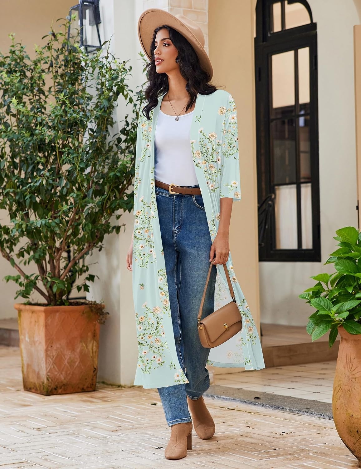 image:imageEkouaer Robes for Women Long Knit Bathrobe Lightweight 34 Sleeves Kimono Robe Soft Sleepwear with PocketsGreen Floral Large