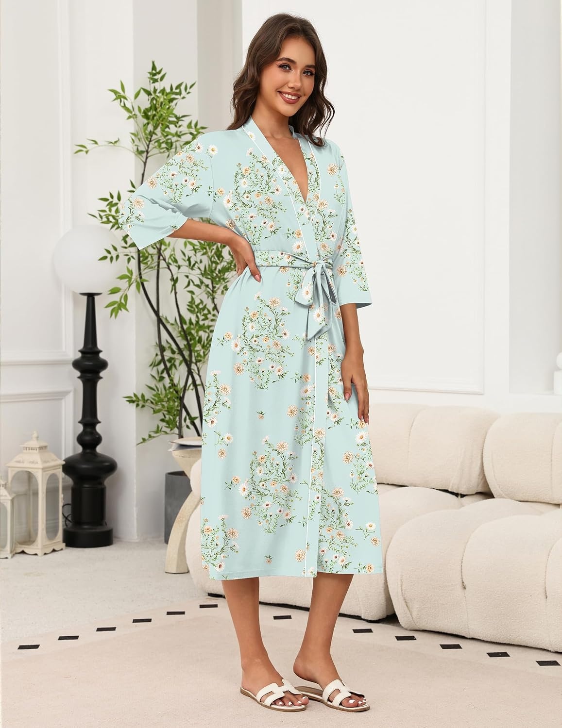image:imageEkouaer Robes for Women Long Knit Bathrobe Lightweight 34 Sleeves Kimono Robe Soft Sleepwear with PocketsGreen Floral XXLarge