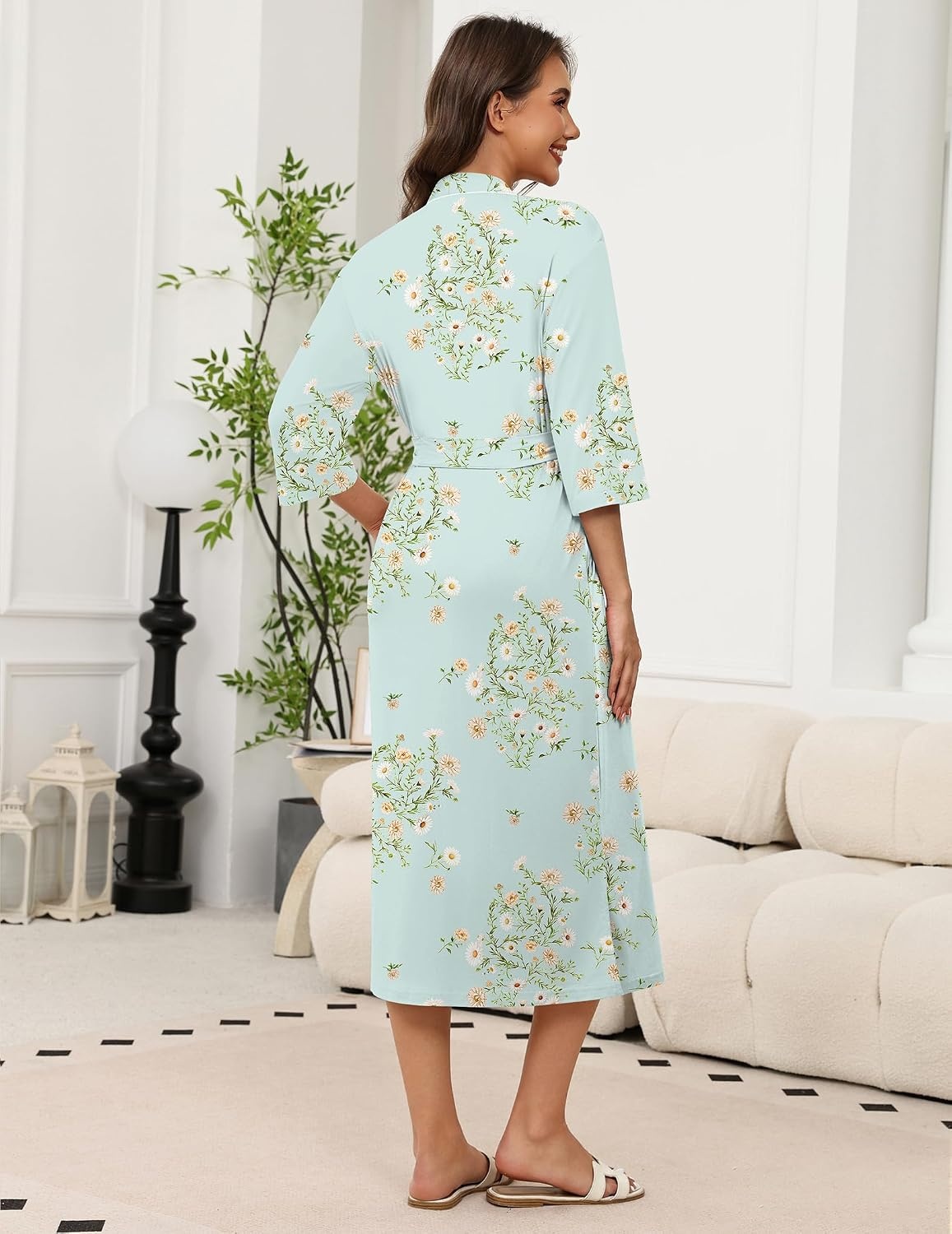 image:imageEkouaer Robes for Women Long Knit Bathrobe Lightweight 34 Sleeves Kimono Robe Soft Sleepwear with PocketsGreen Floral XXLarge