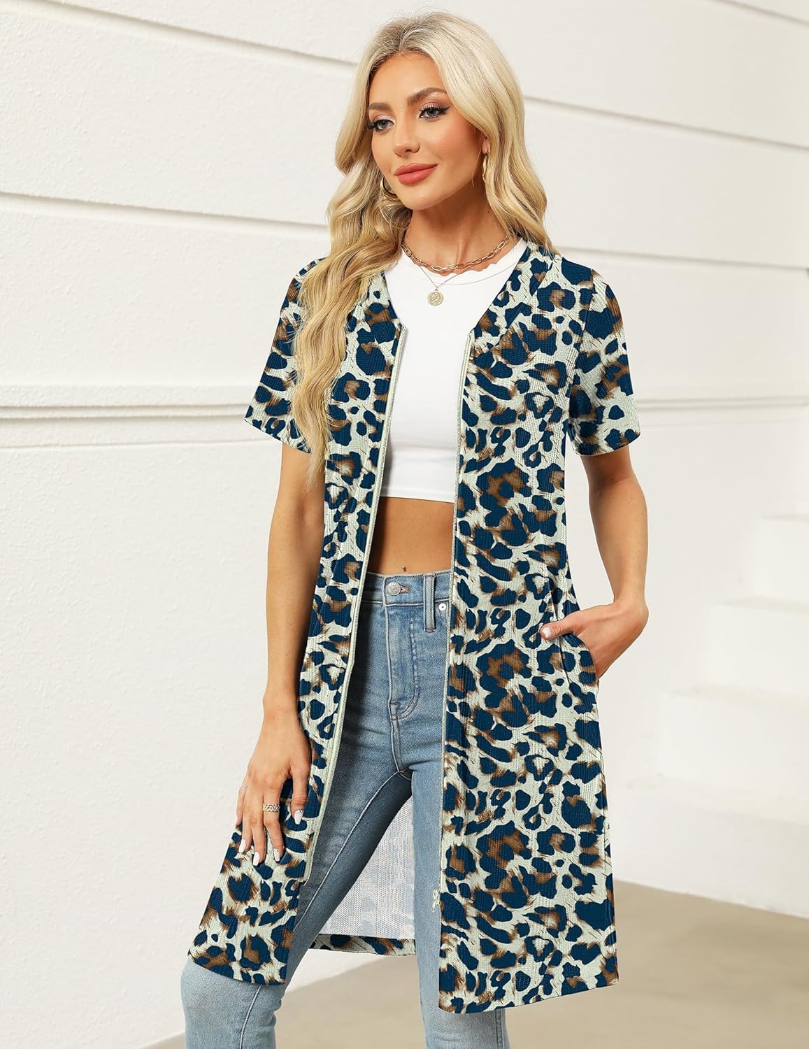 image:imageEkouaer Women Zipper Robes Waffle Short Bathrobe Lightweight House Coat with Pockets Soft Nightgown S3XLCream Leopard Print