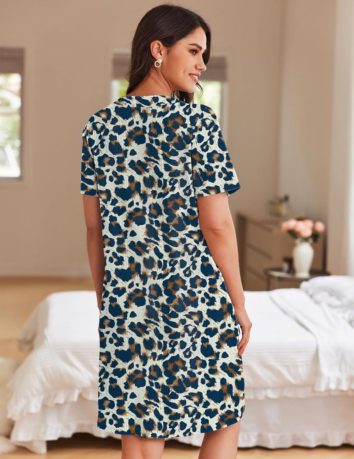image:imageEkouaer Women Zipper Robes Waffle Short Bathrobe Lightweight House Coat with Pockets Soft Nightgown S3XLCream Leopard Print