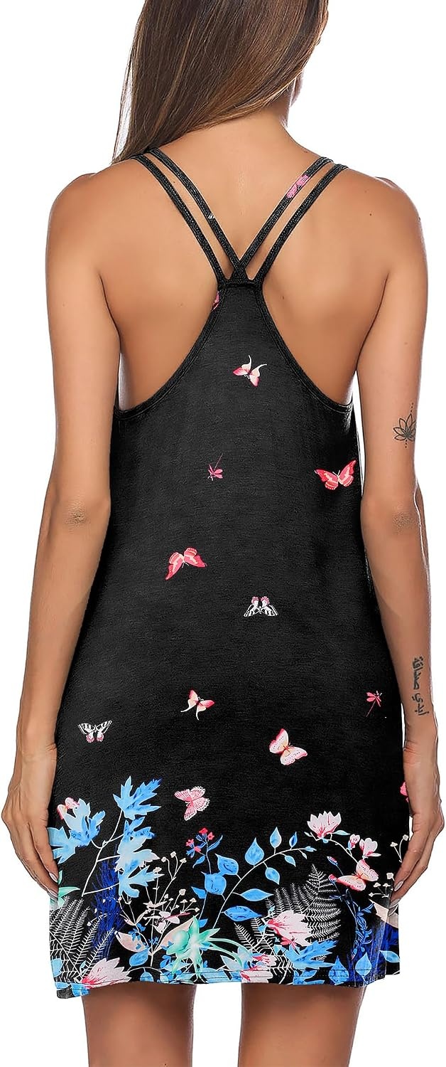 image:imageEkouaer Womens V Neck Sleeveless NightgownButterfly Flowers