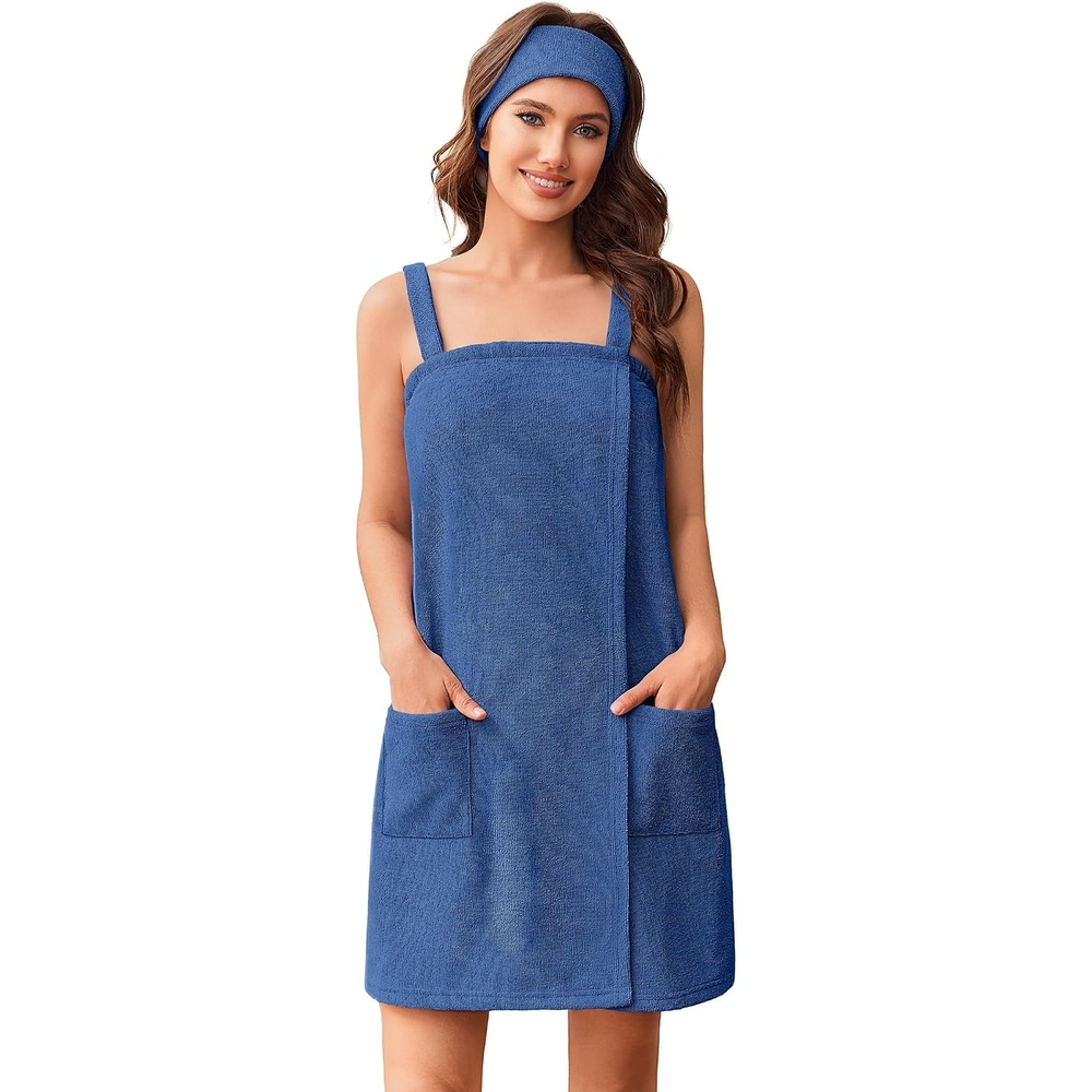 image:imageEkouaer Towel Wrap for Women Spa Bath Robe Lightweight Terry Cloth Wrap Adjustable Shower Robe with Headband SXLNavy Blue