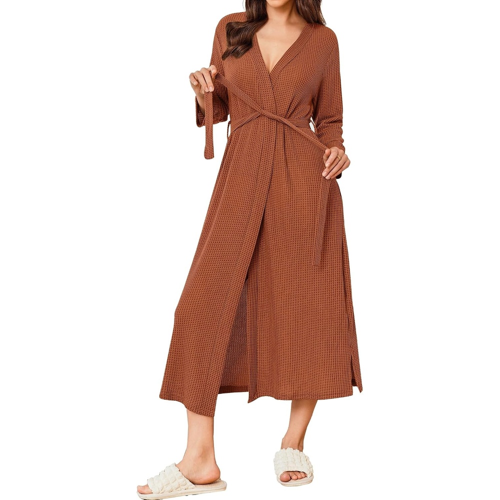 image:imageEkouaer Womens Robe Long Waffle Knit Bathrobe Lightweight Soft Kimono Robes Loungewear SXXLCaramel Colour