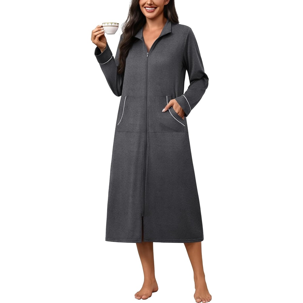 image:imageEkouaer Zipper Robes for Women Long Sleeve Lightweight House Coats with Pockets Zip Up Bathrobe Loungewear S3XLDeep Gray