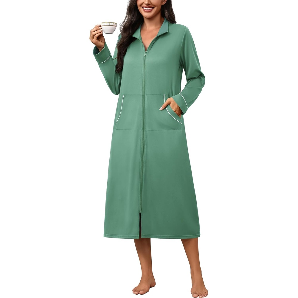 image:imageEkouaer Zipper Robes for Women Long Sleeve Lightweight House Coats with Pockets Zip Up Bathrobe Loungewear S3XLGreen