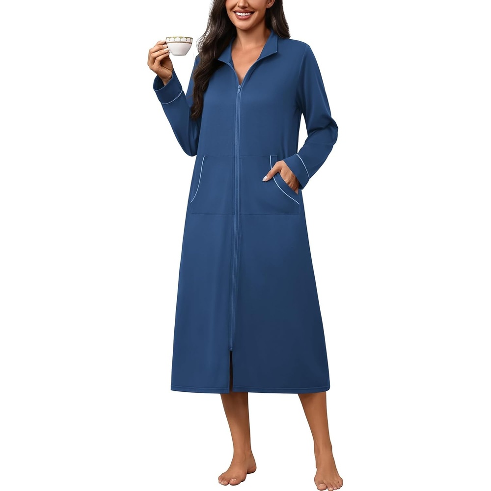 image:imageEkouaer Zipper Robes for Women Long Sleeve Lightweight House Coats with Pockets Zip Up Bathrobe Loungewear S3XLNavy