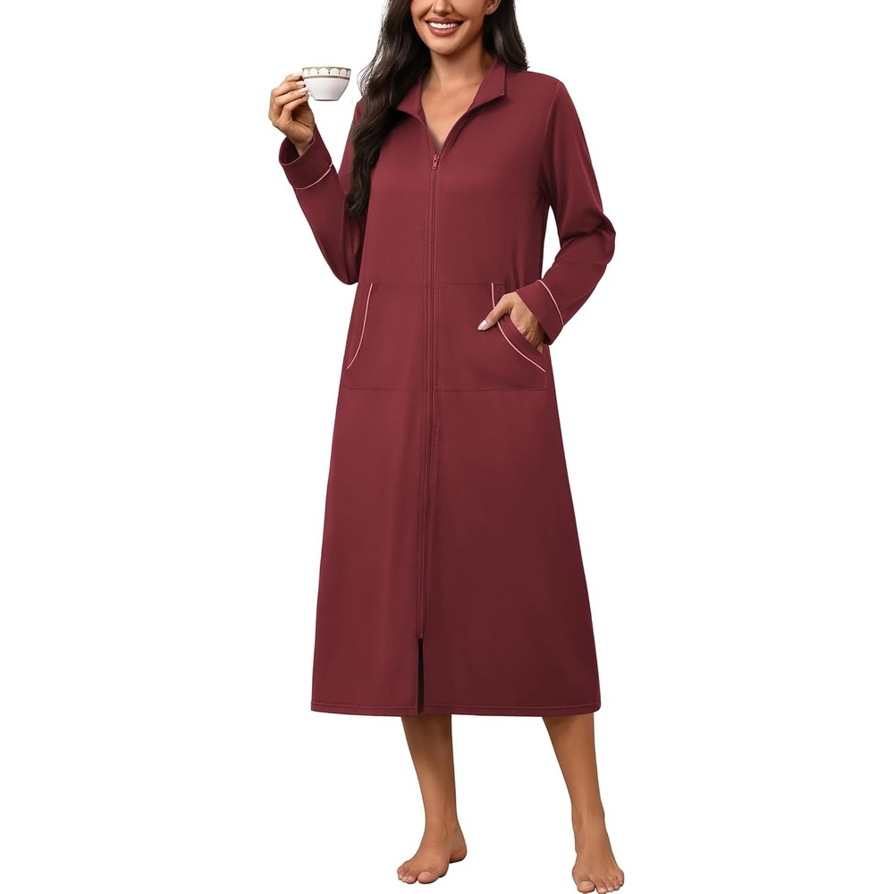 image:imageEkouaer Zipper Robes for Women Long Sleeve Lightweight House Coats with Pockets Zip Up Bathrobe Loungewear S3XLWine Red