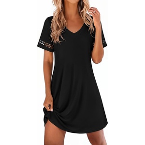 Ekouaer Cotton Nightgowns for Women Short Sleeve Sleep Shirts T-Shirt Dress V Neck Nightshirt S-3XL(Black)