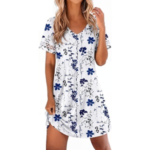 Ekouaer Cotton Nightgowns for Women Short Sleeve Sleep Shirts T-Shirt Dress V Neck Nightshirt S-3XL(Blue Branches)