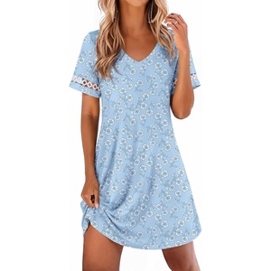 Ekouaer Cotton Nightgowns for Women Short Sleeve Sleep Shirts T-Shirt Dress V Neck Nightshirt S-3XL(Blue Floral)