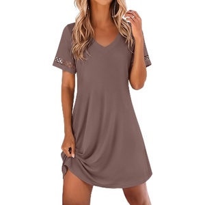 Ekouaer Cotton Nightgowns for Women Short Sleeve Sleep Shirts T-Shirt Dress V Neck Nightshirt S-3XL(Brown)