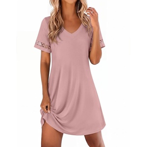 Ekouaer Cotton Nightgowns for Women Short Sleeve Sleep Shirts T-Shirt Dress V Neck Nightshirt S-3XL(Dusty Pink)