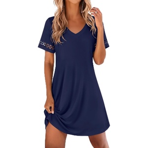 Ekouaer Cotton Nightgowns for Women Short Sleeve Sleep Shirts T-Shirt Dress V Neck Nightshirt S-3XL(Navy Blue)
