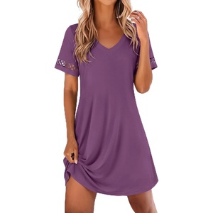Ekouaer Cotton Nightgowns for Women Short Sleeve Sleep Shirts T-Shirt Dress V Neck Nightshirt S-3XL(Purple)