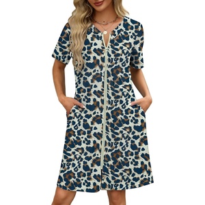 Ekouaer Women Zipper Robes Waffle Short Bathrobe Lightweight House Coat with Pockets Soft Nightgown S-3XL(Cream Leopard Print)