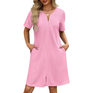 Ekouaer Women Zipper Robes Waffle Short Bathrobe Lightweight House Coat with Pockets Soft Nightgown S-3XL(Soft Pink)