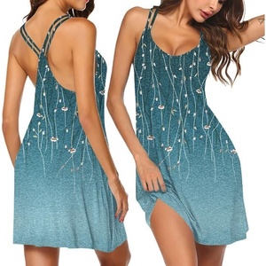 Ekouaer Women’s V Neck Sleeveless Nightgown(Blue-green Vines)