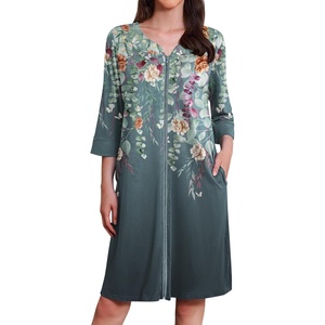 Ekouaer Zipper Robes for Women 3/4 Sleeves Housecoat Soft Nightgowns Sleepwear Mumu House Dresses with Pockets(Grey Floral)