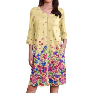 Ekouaer Zipper Robes for Women 3/4 Sleeves Housecoat Soft Nightgowns Sleepwear Mumu House Dresses with Pockets(Yellow Floral)