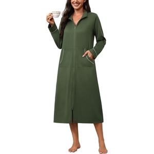 Ekouaer Zipper Robes for Women Long Sleeve Lightweight House Coats with Pockets Zip Up Bathrobe Loungewear S-3XL(Army Green)