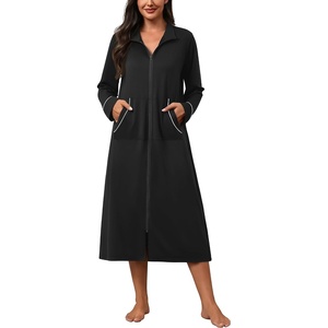 Ekouaer Zipper Robes for Women Long Sleeve Lightweight House Coats with Pockets Zip Up Bathrobe Loungewear S-3XL(Black)
