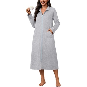 Ekouaer Zipper Robes for Women Long Sleeve Lightweight House Coats with Pockets Zip Up Bathrobe Loungewear S-3XL(Light Gray)