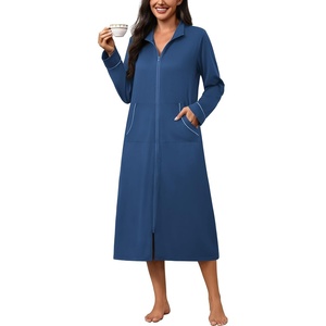 Ekouaer Zipper Robes for Women Long Sleeve Lightweight House Coats with Pockets Zip Up Bathrobe Loungewear S-3XL(Navy)