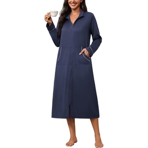 Ekouaer Zipper Robes for Women Long Sleeve Lightweight House Coats with Pockets Zip Up Bathrobe Loungewear S-3XL(Navy Blue)