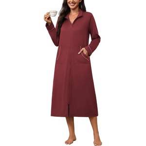 Ekouaer Zipper Robes for Women Long Sleeve Lightweight House Coats with Pockets Zip Up Bathrobe Loungewear S-3XL(Wine Red)