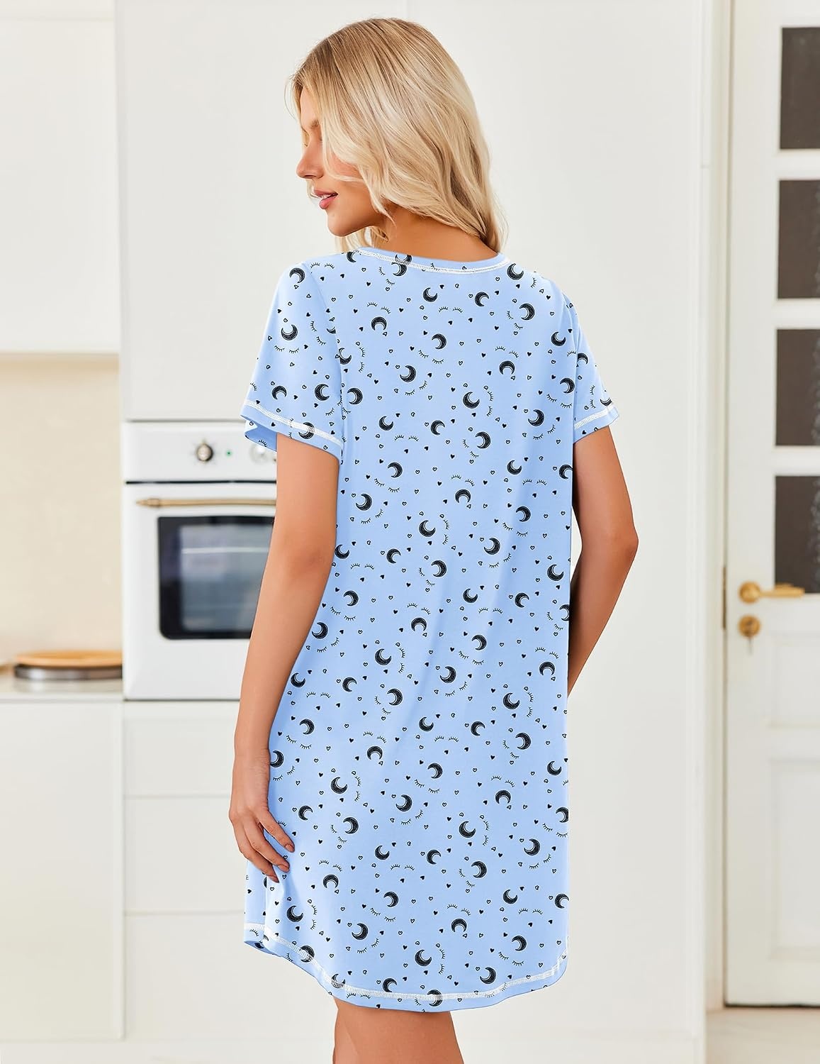 image:imageEkouaer Cotton Nightgowns for Women 3 Pack Night Gown Short Sleeve Sleepshirts V Neck Sleepwear Soft Tshirt Pajama DressBlackBlue GreenBlue Stars