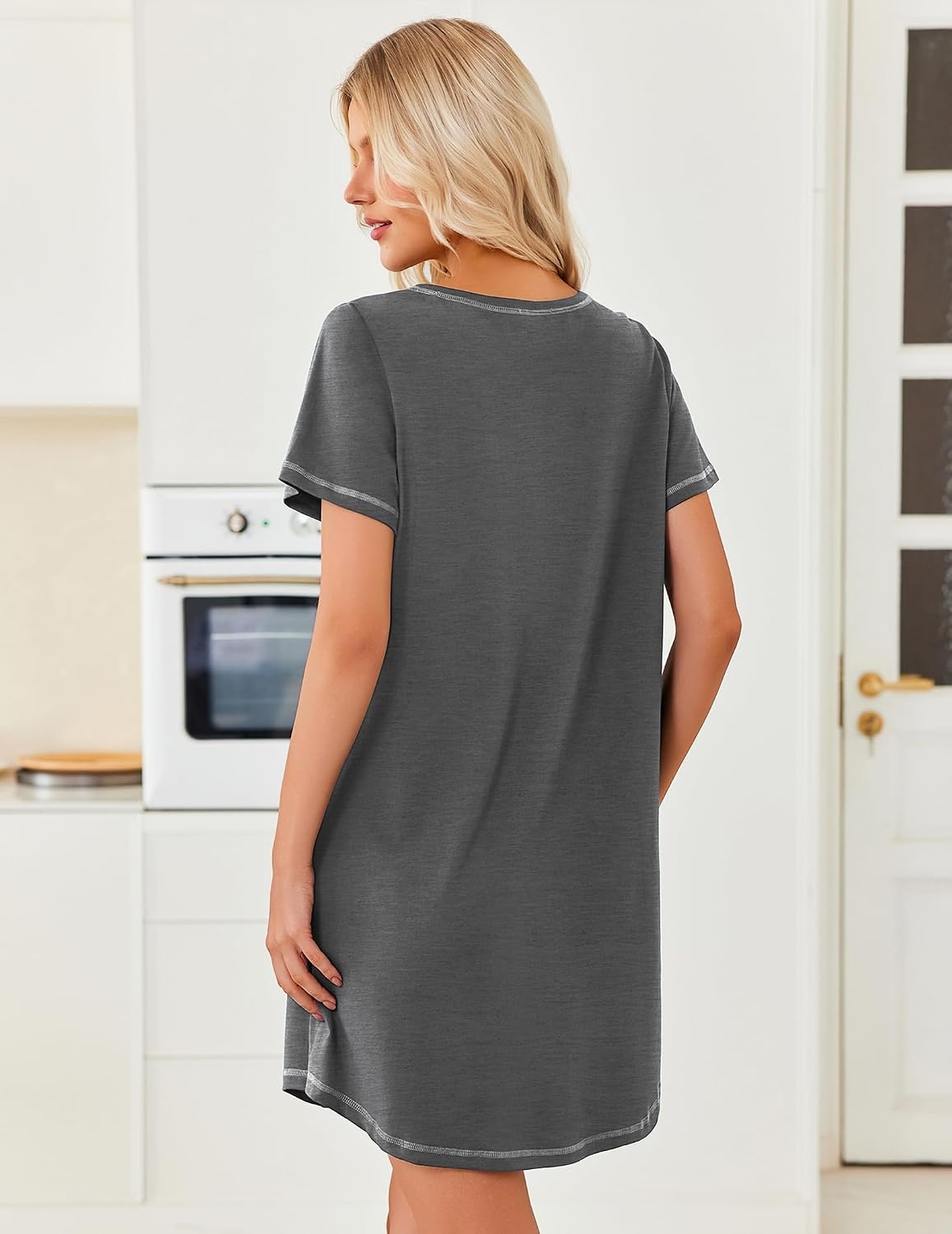 image:imageEkouaer Cotton Nightgowns for Women 3 Pack Night Gown Short Sleeve Sleepshirts V Neck Sleepwear Soft Tshirt Pajama DressBlackGreyGrey Stripes