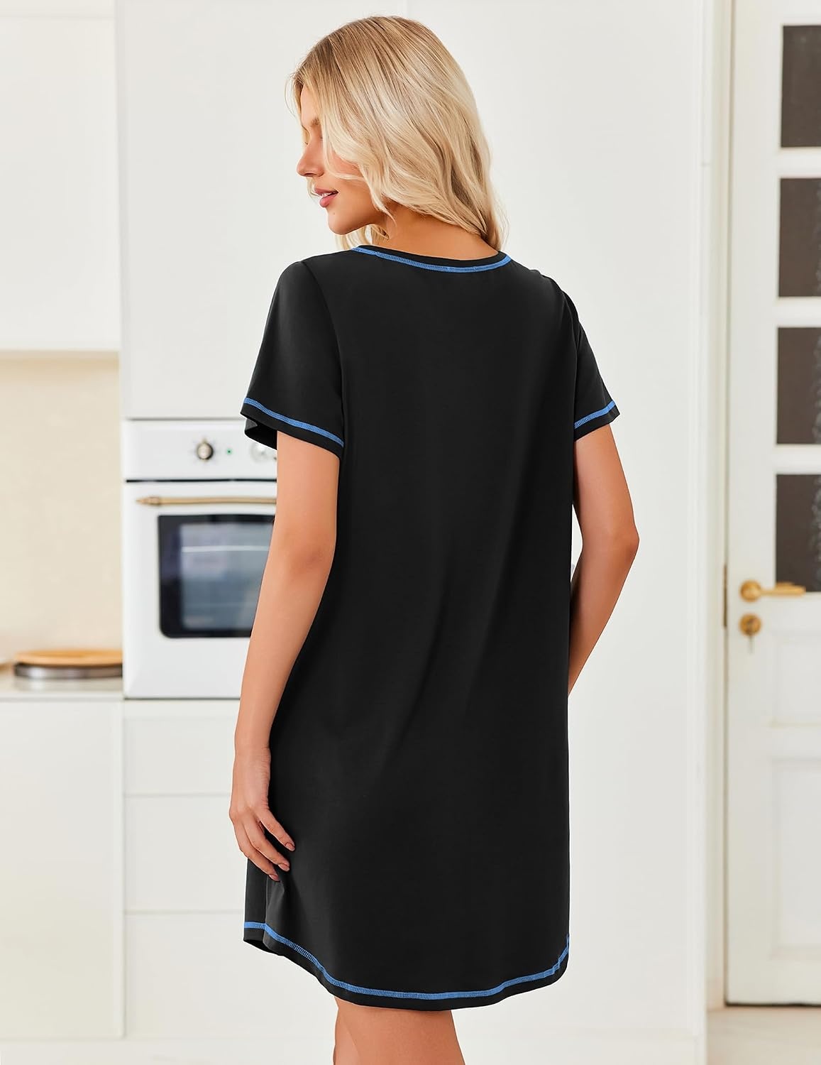 image:imageEkouaer Cotton Nightgowns for Women 3 Pack Night Gown Short Sleeve Sleepshirts V Neck Sleepwear Soft Tshirt Pajama DressBlackGreyNavy Blue