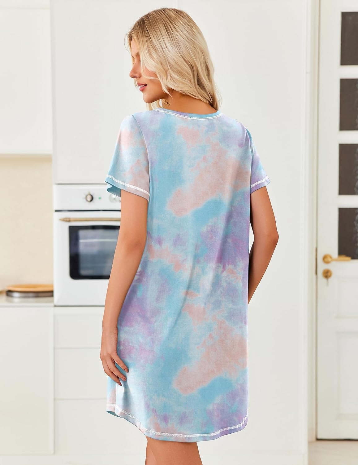 image:imageEkouaer Cotton Nightgowns for Women 3 Pack Night Gown Short Sleeve Sleepshirts V Neck Sleepwear Soft Tshirt Pajama DressBlackGreyPurple Tie Dye