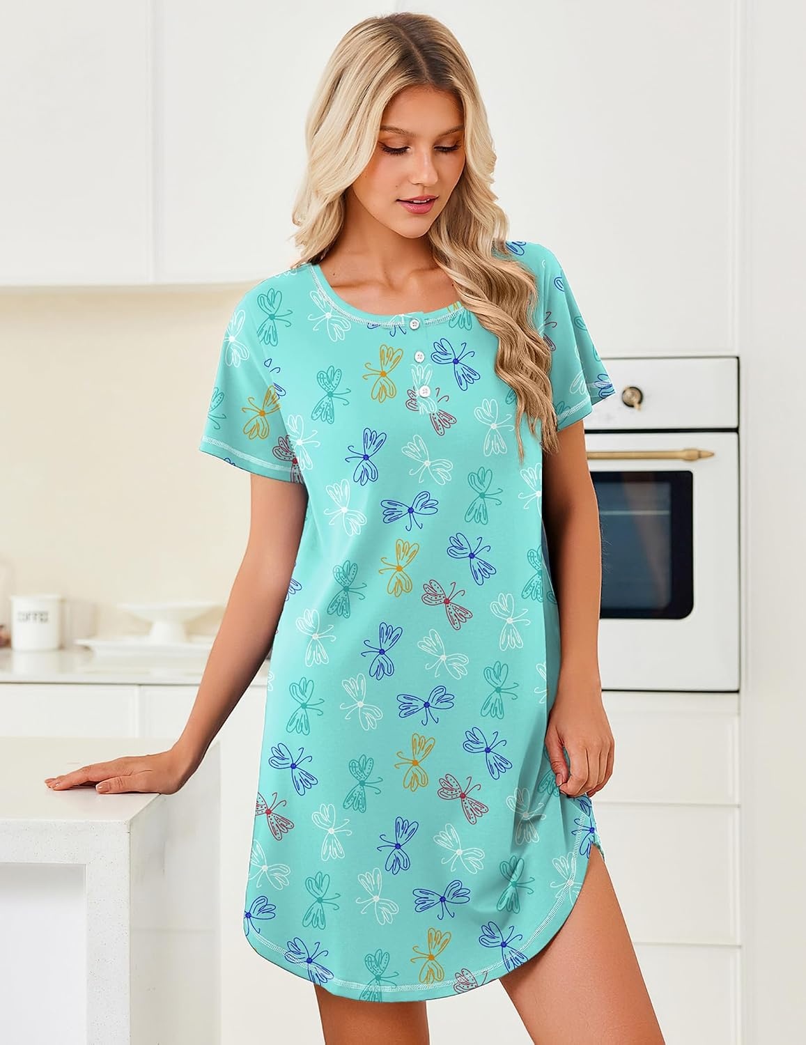 image:imageEkouaer Cotton Nightgowns for Women 3 Pack Night Gown Short Sleeve Sleepshirts V Neck Sleepwear Soft Tshirt Pajama DressBlackNavy BlueBlue Butterfly