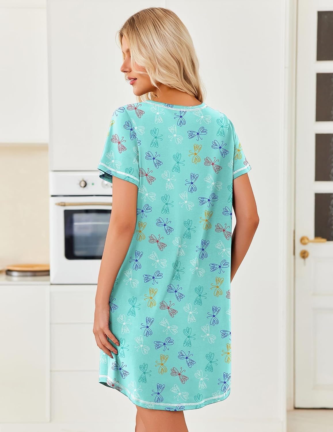 image:imageEkouaer Cotton Nightgowns for Women 3 Pack Night Gown Short Sleeve Sleepshirts V Neck Sleepwear Soft Tshirt Pajama DressBlackNavy BlueBlue Butterfly