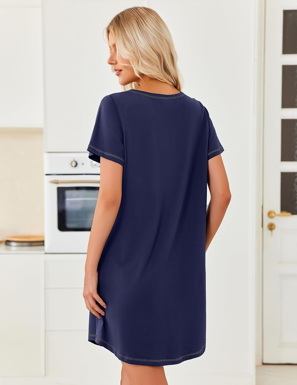 image:imageEkouaer Cotton Nightgowns for Women 3 Pack Night Gown Short Sleeve Sleepshirts V Neck Sleepwear Soft Tshirt Pajama DressBlackPink FloralNavy Blue