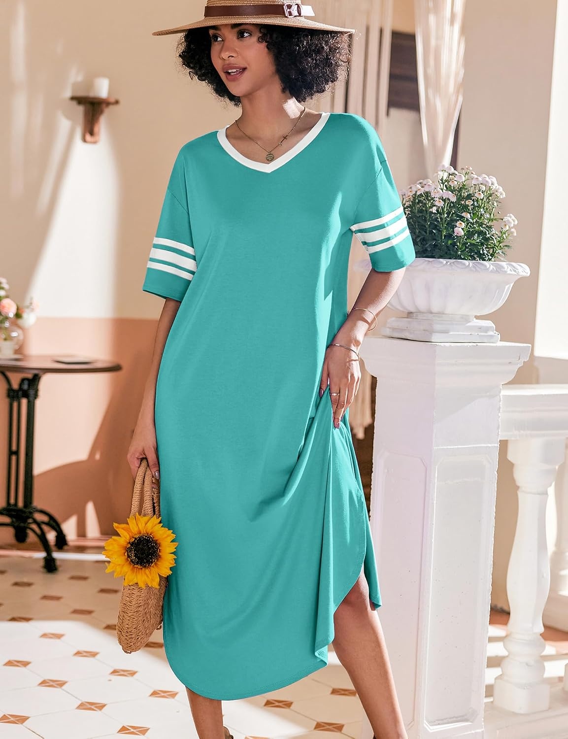 image:imageEkouaer Long Nightgown Womens V Neck Loungewear Oversized Sleepwear Loose Sleep Dress S4XLLight Green