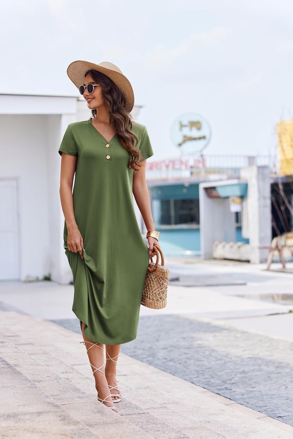 image:imageEkouaer Long Nightgowns for Women Button Night Gowns Short Sleeve Sleepwear Full Length Sleep Shirts With Pockets S4XLArmy Green