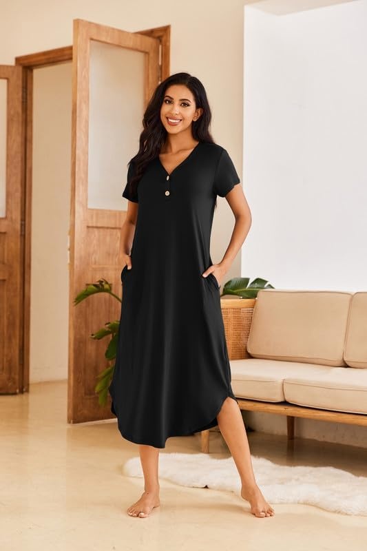 image:imageEkouaer Long Nightgowns for Women Button Night Gowns Short Sleeve Sleepwear Full Length Sleep Shirts With Pockets S4XLBlack
