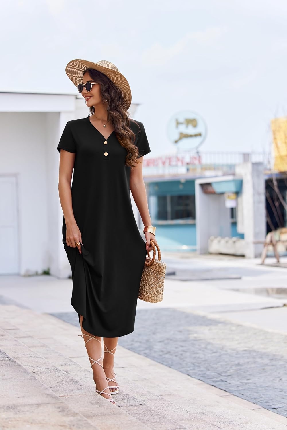 image:imageEkouaer Long Nightgowns for Women Button Night Gowns Short Sleeve Sleepwear Full Length Sleep Shirts With Pockets S4XLBlack