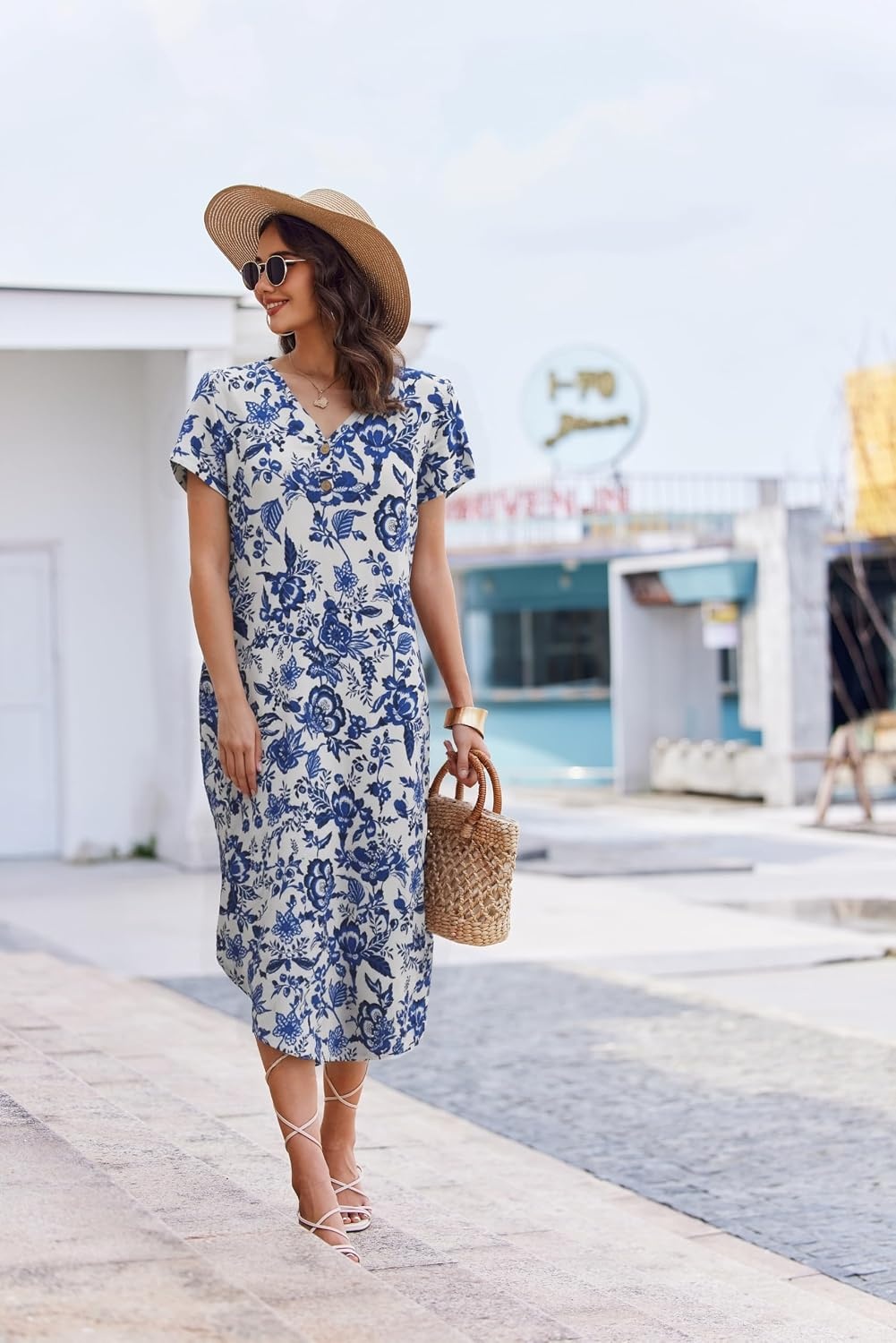 image:imageEkouaer Long Nightgowns for Women Button Night Gowns Short Sleeve Sleepwear Full Length Sleep Shirts With Pockets S4XLBlue Flowers