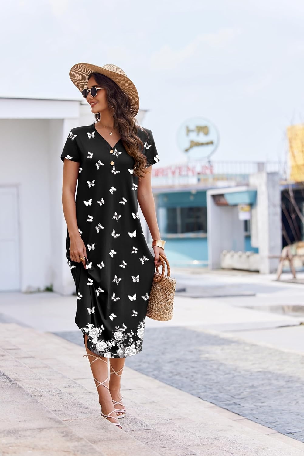 image:imageEkouaer Long Nightgowns for Women Button Night Gowns Short Sleeve Sleepwear Full Length Sleep Shirts With Pockets S4XLButterfly