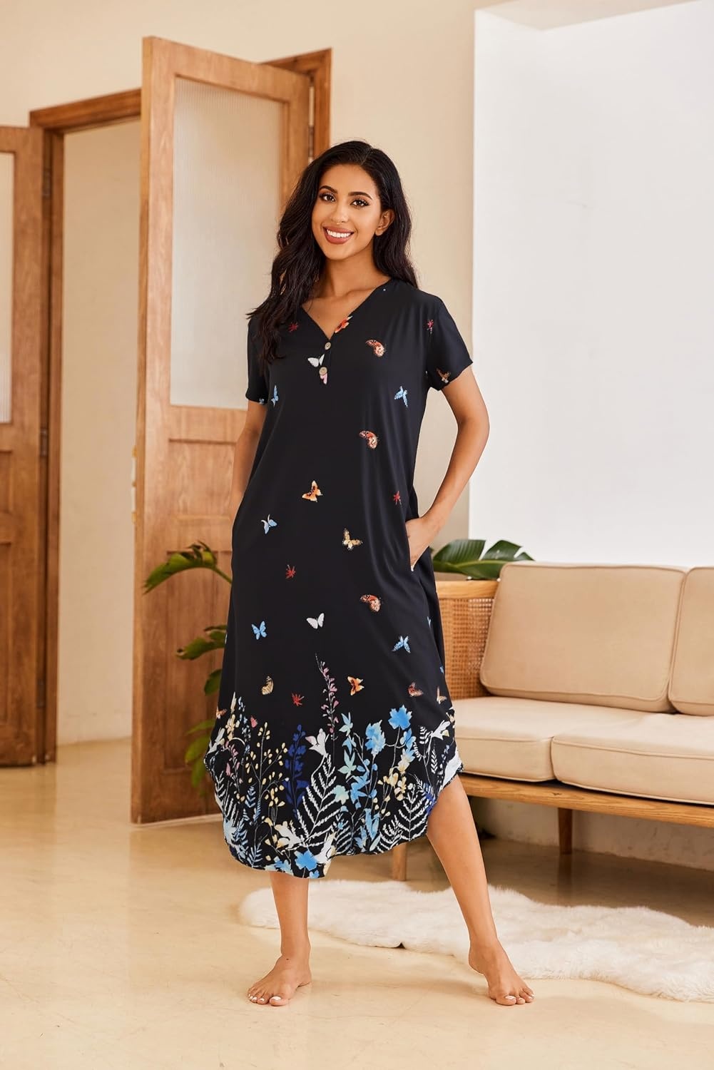 image:imageEkouaer Long Nightgowns for Women Button Night Gowns Short Sleeve Sleepwear Full Length Sleep Shirts With Pockets S4XLButterfly Flowers