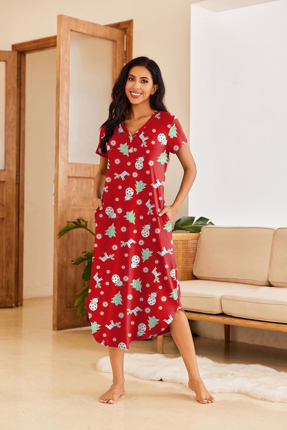 image:imageEkouaer Long Nightgowns for Women Button Night Gowns Short Sleeve Sleepwear Full Length Sleep Shirts With Pockets S4XLChristmas Elk