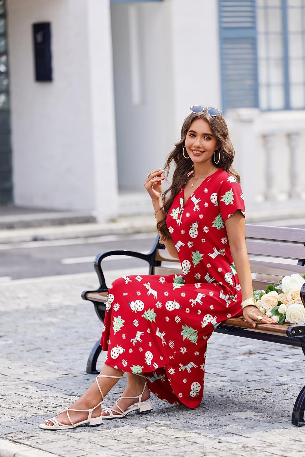 image:imageEkouaer Long Nightgowns for Women Button Night Gowns Short Sleeve Sleepwear Full Length Sleep Shirts With Pockets S4XLChristmas Elk