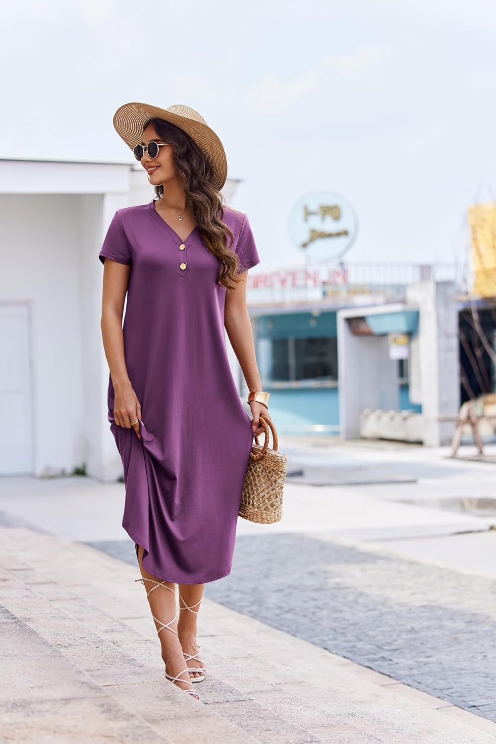 image:imageEkouaer Long Nightgowns for Women Button Night Gowns Short Sleeve Sleepwear Full Length Sleep Shirts With Pockets S4XLEggplant Purple