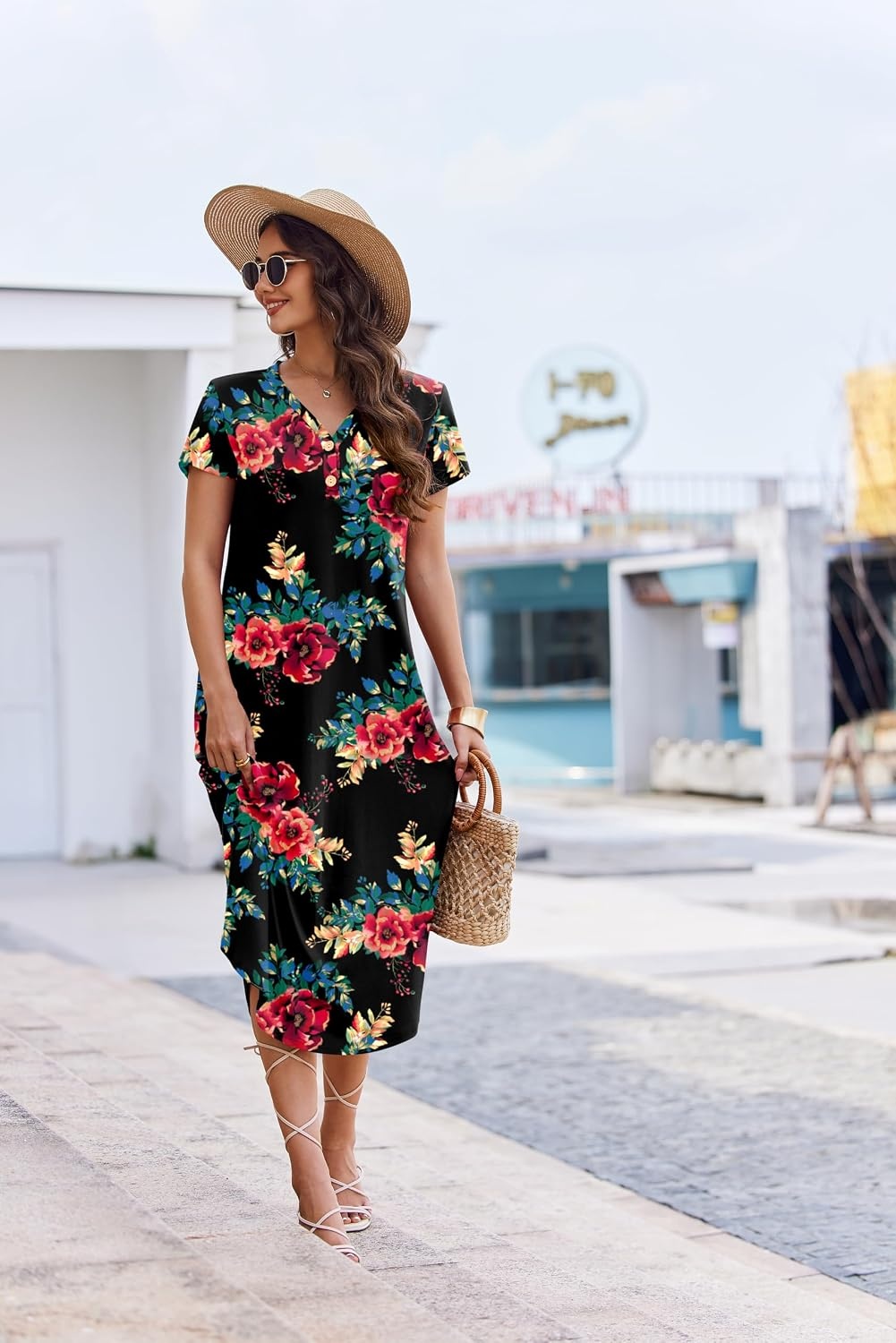 image:imageEkouaer Long Nightgowns for Women Button Night Gowns Short Sleeve Sleepwear Full Length Sleep Shirts With Pockets S4XLFlower Black